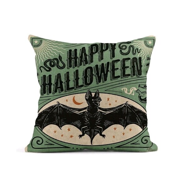 4 Retro Style Halloween Linen Pillow Covers 18x18 Cat Pumpkin Skeleton Bat Decor - Picture 10 of 16